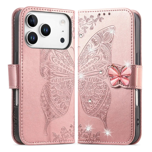 For iPhone 18 Pro Max / 17 Pro Max Case 3D Rhinestone Decor Butterfly Flower Leather Phone Cover with Wrist Strap - Rose Gold - 1