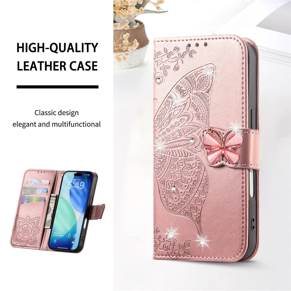For iPhone 18 Pro Max / 17 Pro Max Case 3D Rhinestone Decor Butterfly Flower Leather Phone Cover with Wrist Strap - Rose Gold - 5