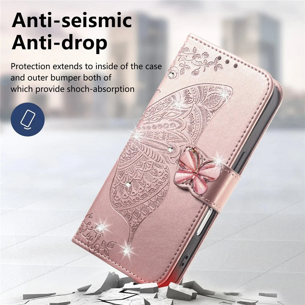For iPhone 18 Pro Max / 17 Pro Max Case 3D Rhinestone Decor Butterfly Flower Leather Phone Cover with Wrist Strap - Rose Gold - 6