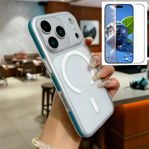 For iPhone 17 Pro Max Case Compatible with MagSafe Corrugated Texture PC Phone Cover with Tempered Glass Film - Blue  /  White - 1
