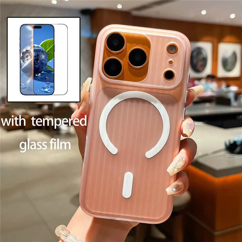 For iPhone 17 Pro Max Case Compatible with MagSafe Corrugated Texture PC Phone Cover with Tempered Glass Film - Blue  /  White - 3