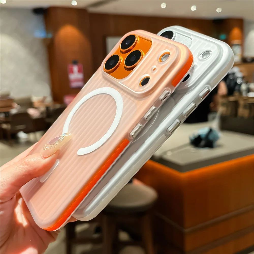For iPhone 17 Pro Max Case Compatible with MagSafe Corrugated Texture PC Phone Cover with Tempered Glass Film - Blue  /  White - 6