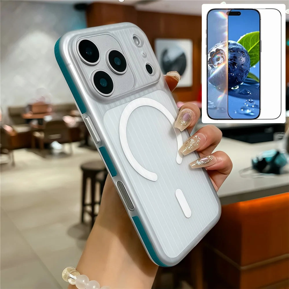 For iPhone 17 Pro Case Compatible with MagSafe Corrugated Texture PC Phone Cover with Tempered Glass Film - Blue  /  White - 1