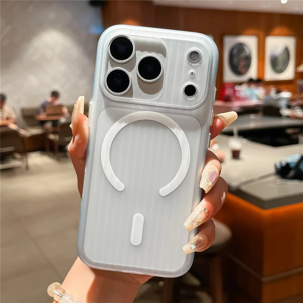 For iPhone 17 Pro Case Compatible with MagSafe Corrugated Texture PC Phone Cover with Tempered Glass Film - Blue  /  White - 2