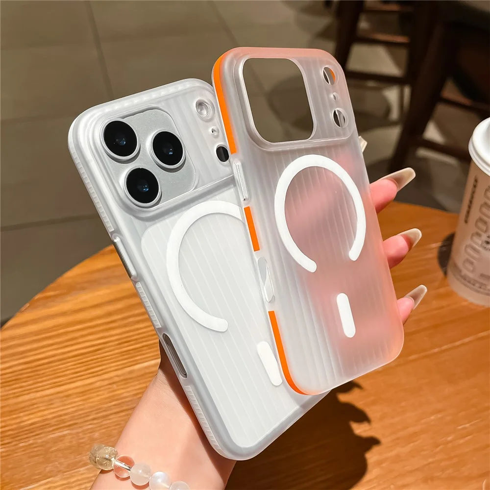 For iPhone 17 Pro Case Compatible with MagSafe Corrugated Texture PC Phone Cover with Tempered Glass Film - Blue  /  White - 5