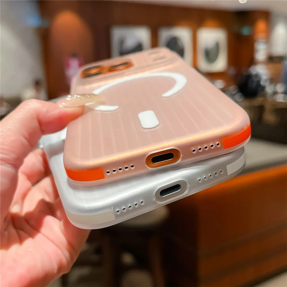 For iPhone 17 Pro Case Compatible with MagSafe Corrugated Texture PC Phone Cover with Tempered Glass Film - Blue  /  White - 7