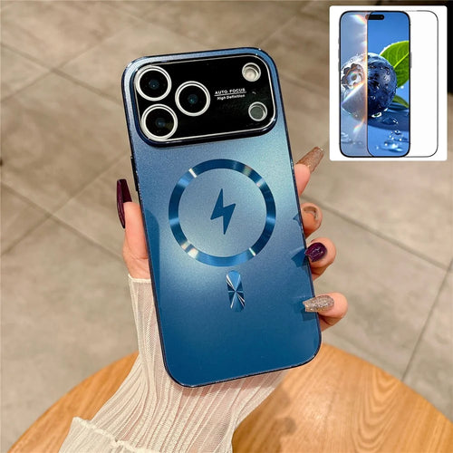 For iPhone 17 Pro Case Compatible with MagSafe Electroplated Matte PC TPU Phone Cover with Tempered Glass Film - Dark Blue - 1