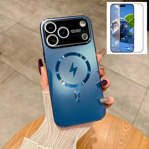 For iPhone 17 Pro Max Case Compatible with MagSafe Electroplated Matte PC TPU Phone Cover with Tempered Glass Film - Dark Blue - 1