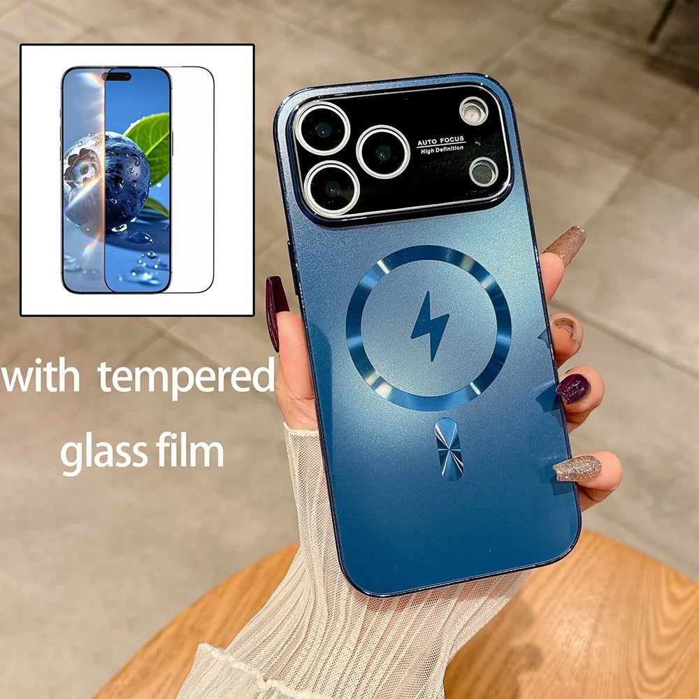 For iPhone 17 Pro Max Case Compatible with MagSafe Electroplated Matte PC TPU Phone Cover with Tempered Glass Film - Dark Blue - 2