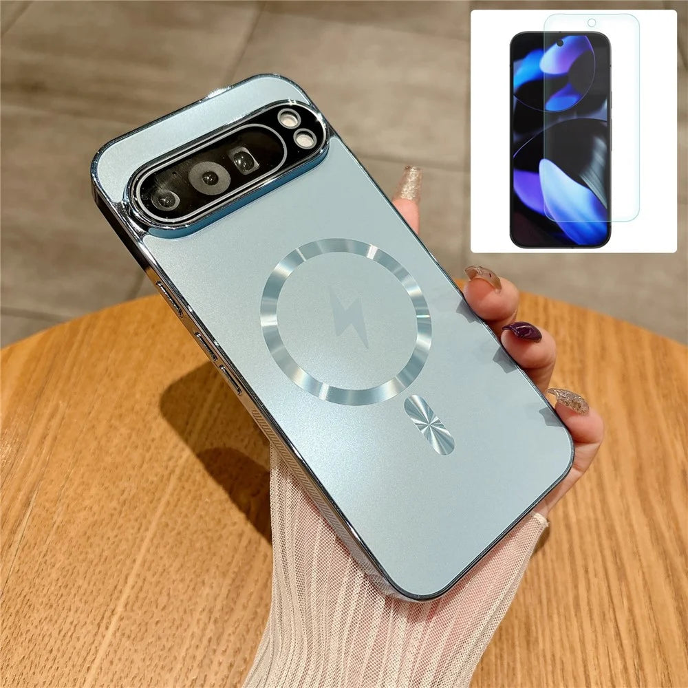For Google Pixel 9 Pro XL Magnetic Case Electroplated Matte PC TPU Phone Cover with Tempered Glass Film - Blue - 1