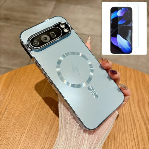 For Google Pixel 9 Pro XL Magnetic Case Electroplated Matte PC TPU Phone Cover with Tempered Glass Film - Blue - 1