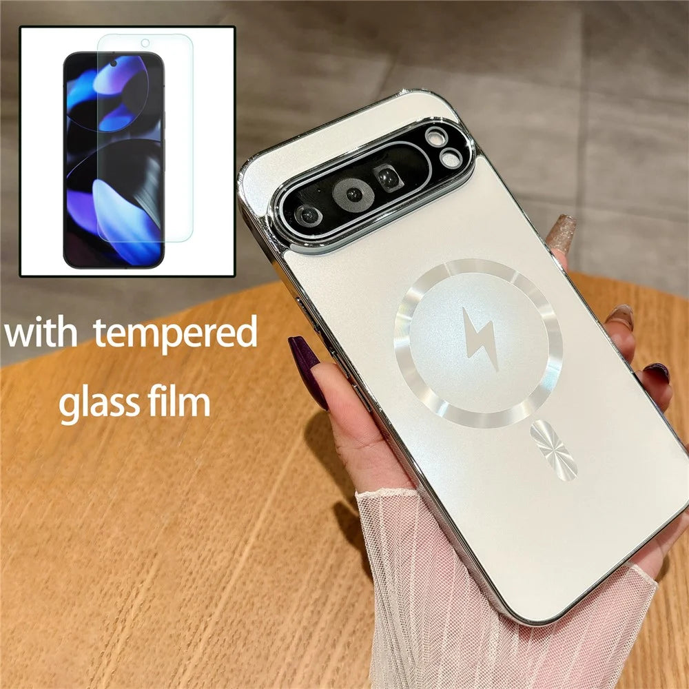 For Google Pixel 9 Pro XL Magnetic Case Electroplated Matte PC TPU Phone Cover with Tempered Glass Film - Blue - 2