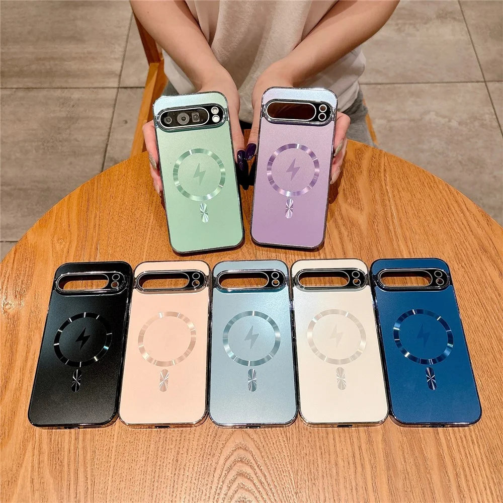 For Google Pixel 9 Pro XL Magnetic Case Electroplated Matte PC TPU Phone Cover with Tempered Glass Film - Blue - 7