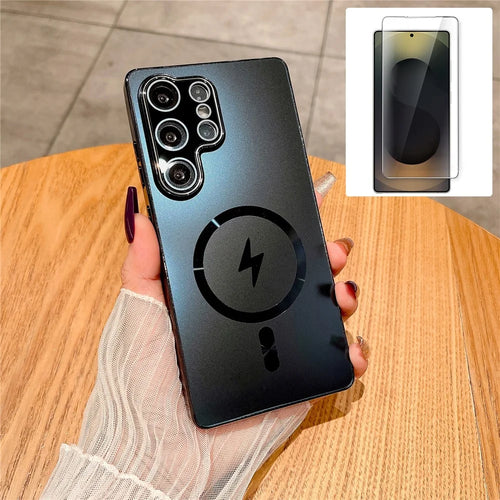 For Samsung Galaxy S25 Ultra Magnetic Case Electroplated Matte PC TPU Phone Cover with Tempered Glass Film - Black - 1