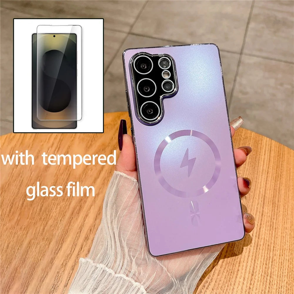 For Samsung Galaxy S25 Ultra Magnetic Case Electroplated Matte PC TPU Phone Cover with Tempered Glass Film - Black - 2