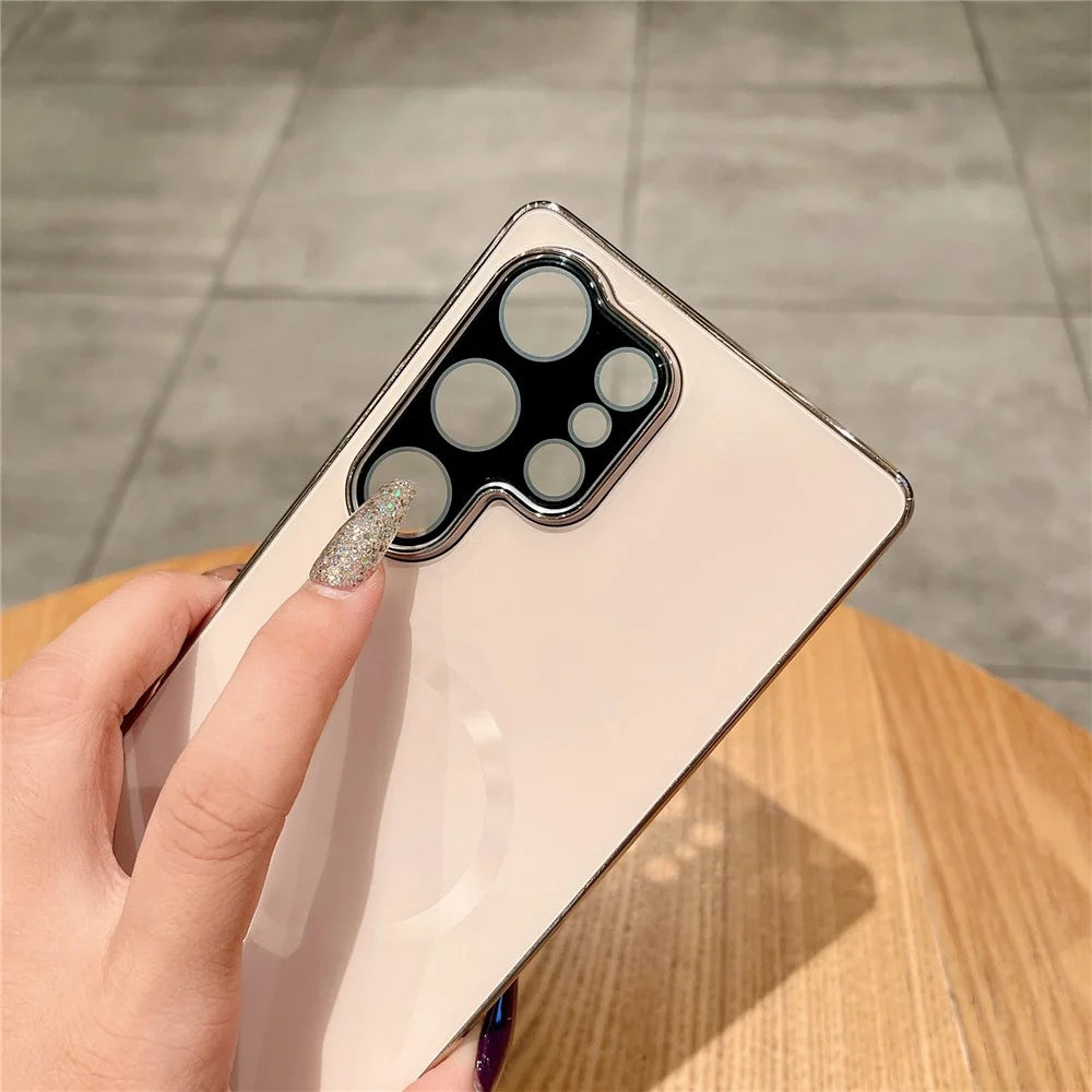 For Samsung Galaxy S25 Ultra Magnetic Case Electroplated Matte PC TPU Phone Cover with Tempered Glass Film - Black - 4