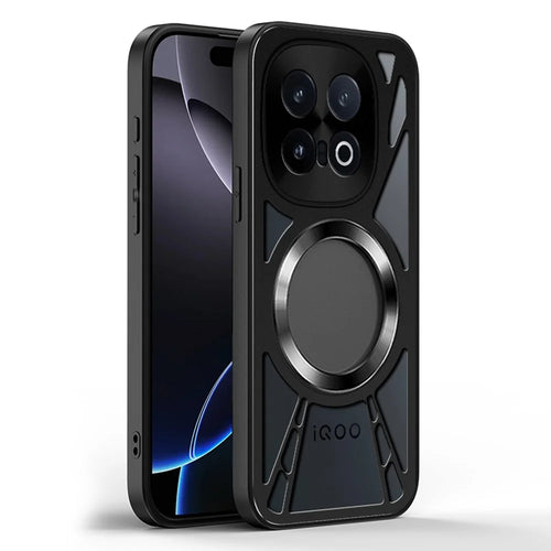 For vivo iQOO 15 5G Magnetic Case Hollow Heat Dissipation Silicone + PC + Metal Bumper Phone Cover - Black - 1