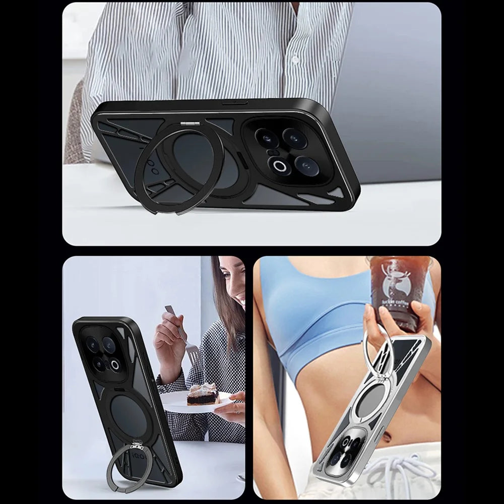 For vivo iQOO 15 5G Magnetic Case Hollow Heat Dissipation Silicone + PC + Metal Bumper Phone Cover - Black - 2