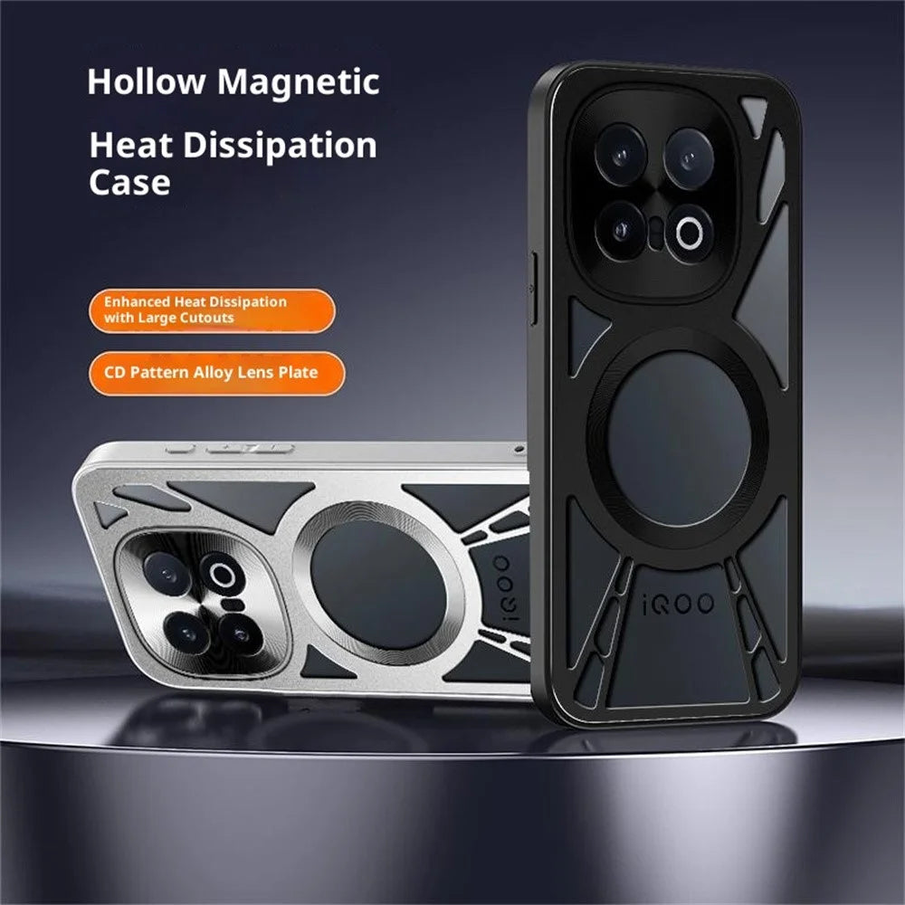 For vivo iQOO 15 5G Magnetic Case Hollow Heat Dissipation Silicone + PC + Metal Bumper Phone Cover - Black - 5