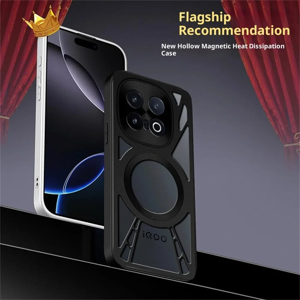 For vivo iQOO 15 5G Magnetic Case Hollow Heat Dissipation Silicone + PC + Metal Bumper Phone Cover - Black - 6