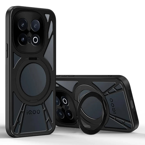 For vivo iQOO 15 5G Case Magnetic Kickstand Hollow Heat Dissipation Silicone + PC + Metal Bumper Phone Cover - Black - 1