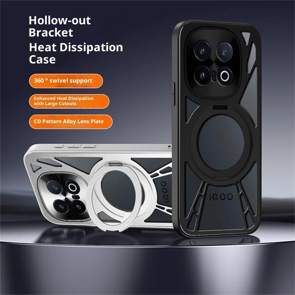 For vivo iQOO 15 5G Case Magnetic Kickstand Hollow Heat Dissipation Silicone + PC + Metal Bumper Phone Cover - Black - 2