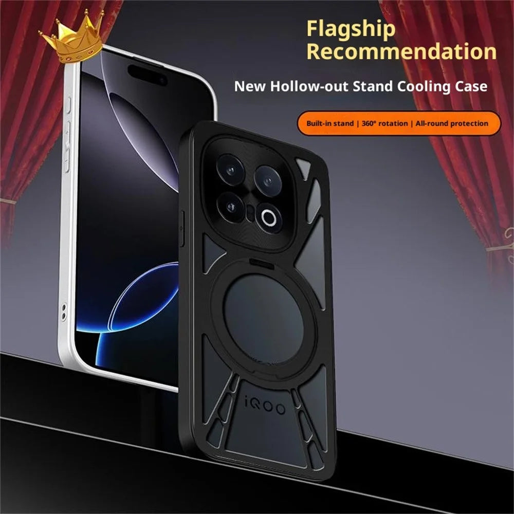 For vivo iQOO 15 5G Case Magnetic Kickstand Hollow Heat Dissipation Silicone + PC + Metal Bumper Phone Cover - Black - 3