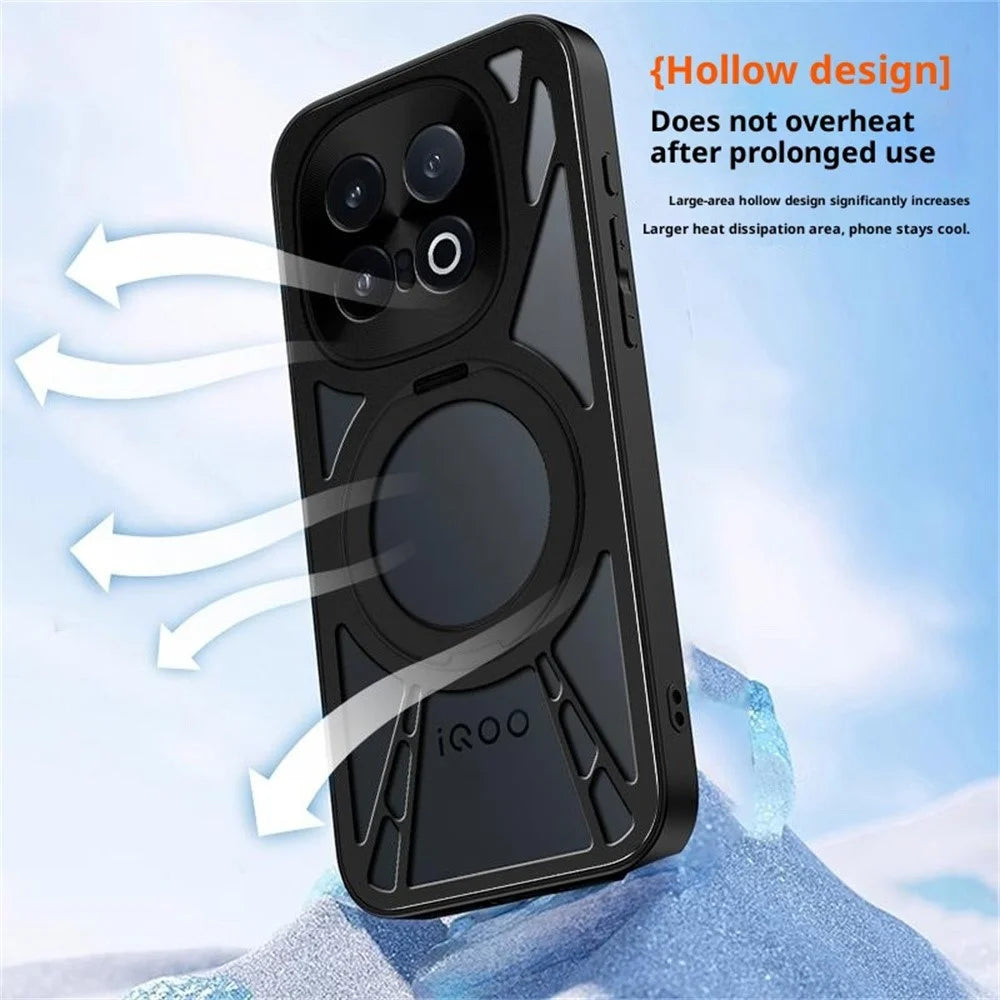 For vivo iQOO 15 5G Case Magnetic Kickstand Hollow Heat Dissipation Silicone + PC + Metal Bumper Phone Cover - Black - 6