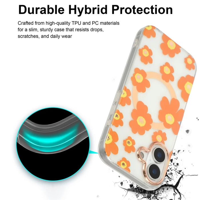 For iPhone 17 Case Compatible with MagSafe Floral Pattern TPU PC Phone Back Cover - Orange - 3