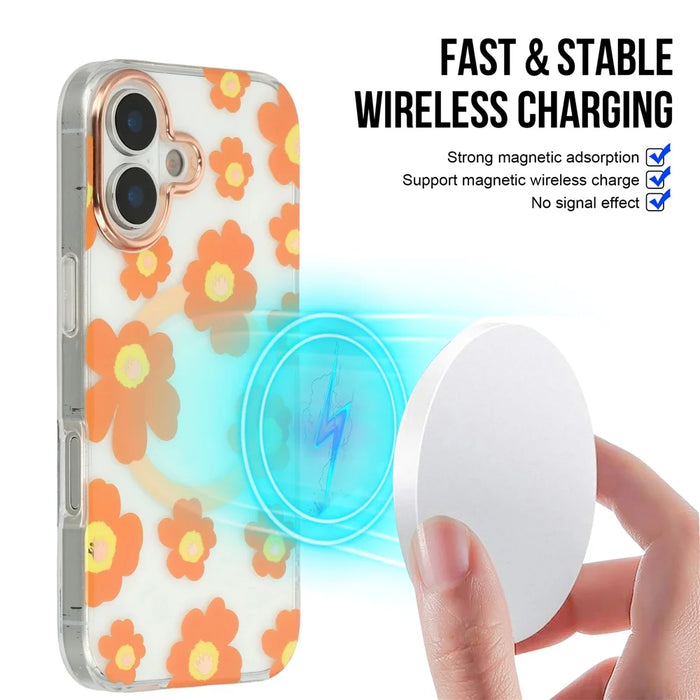 For iPhone 17 Case Compatible with MagSafe Floral Pattern TPU PC Phone Back Cover - Orange - 4