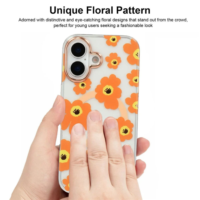 For iPhone 17 Case Compatible with MagSafe Floral Pattern TPU PC Phone Back Cover - Orange - 5