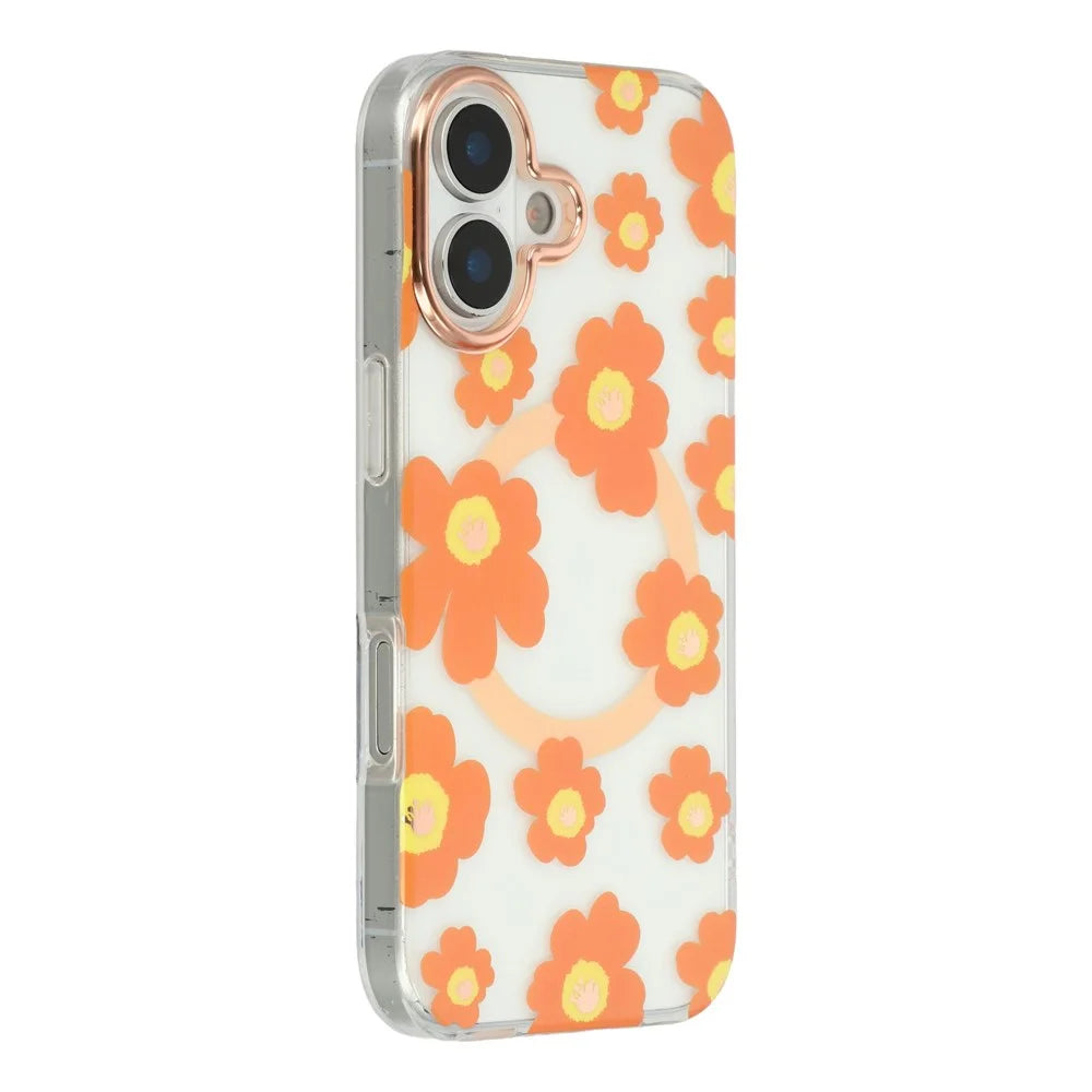 For iPhone 16 Case Compatible with MagSafe Floral Pattern TPU PC Phone Back Cover - Orange - 1