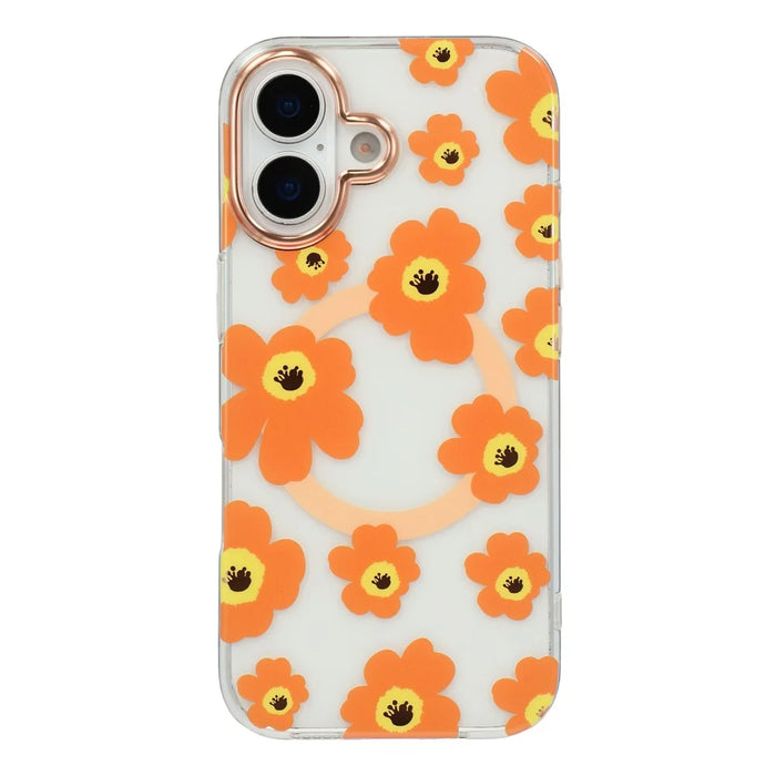 For iPhone 16 Case Compatible with MagSafe Floral Pattern TPU PC Phone Back Cover - Orange - 3