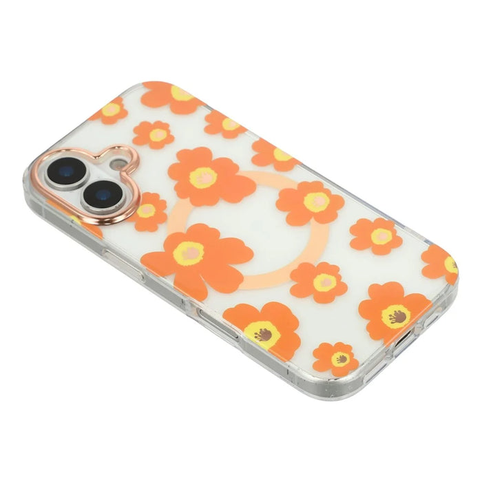 For iPhone 16 Case Compatible with MagSafe Floral Pattern TPU PC Phone Back Cover - Orange - 4