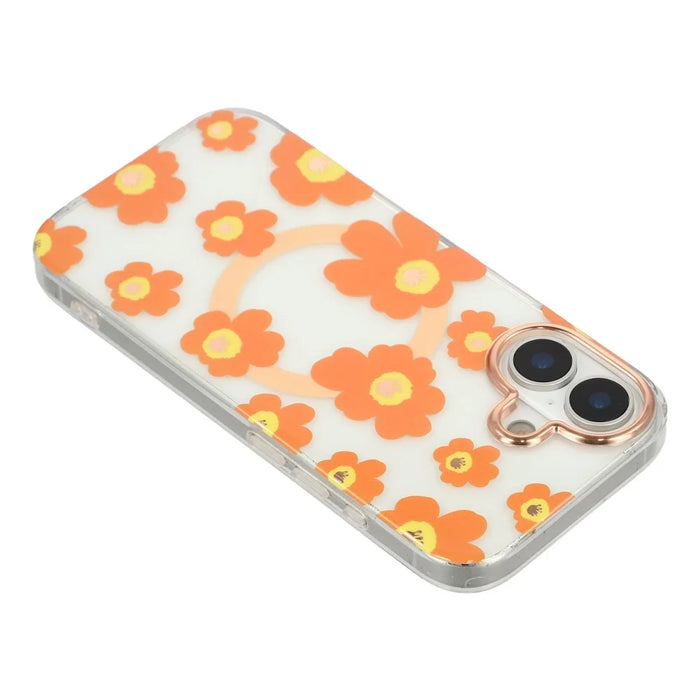 For iPhone 16 Case Compatible with MagSafe Floral Pattern TPU PC Phone Back Cover - Orange - 5