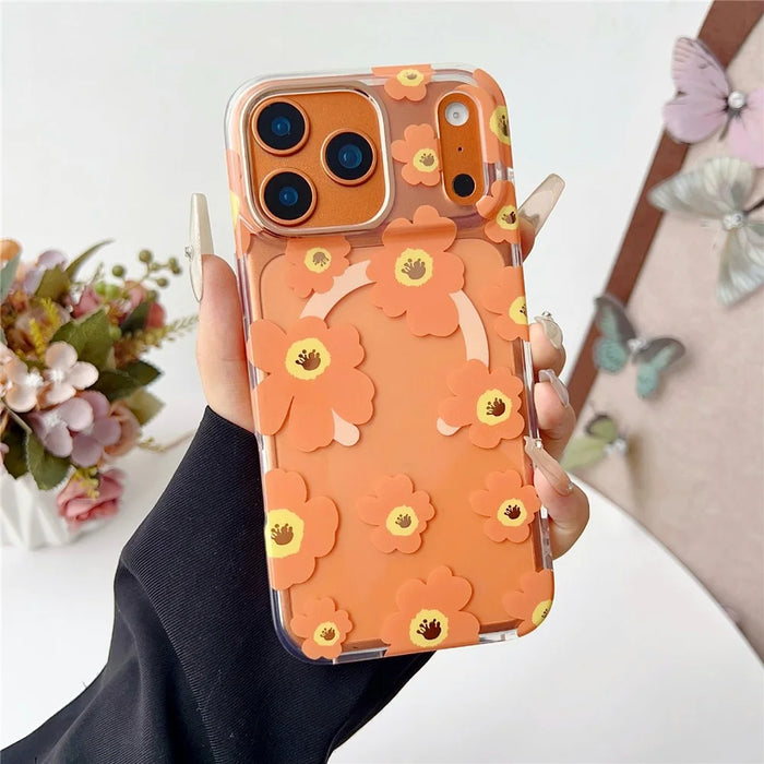 For iPhone 17 Pro Max Case Compatible with MagSafe Floral Pattern TPU PC Phone Back Cover - Orange - 2