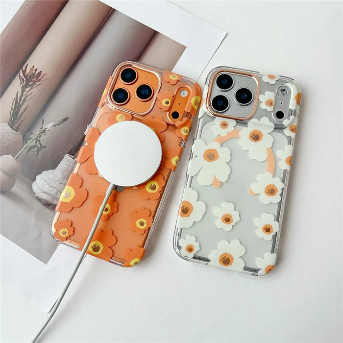 For iPhone 17 Pro Max Case Compatible with MagSafe Floral Pattern TPU PC Phone Back Cover - Orange - 3