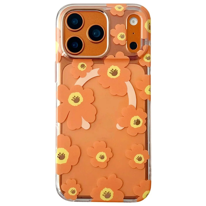 For iPhone 17 Pro Case Compatible with MagSafe Floral Pattern TPU PC Phone Back Cover - Orange - 1
