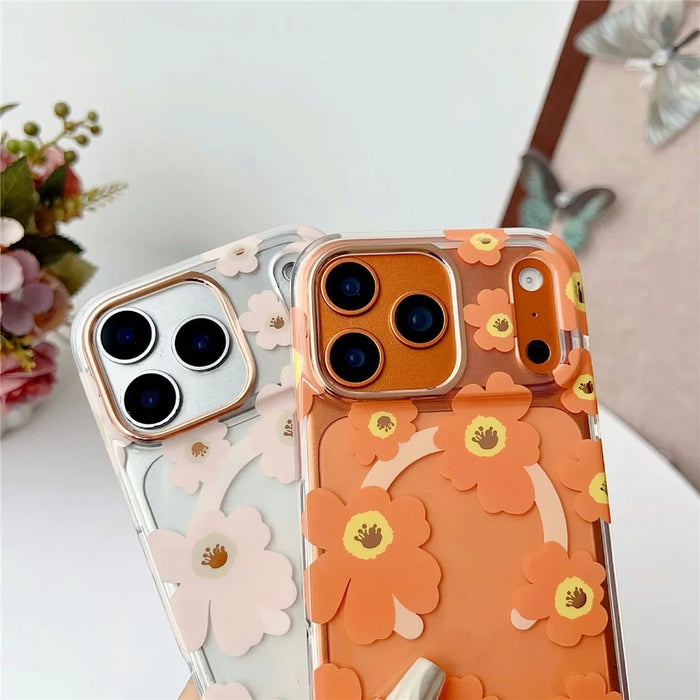 For iPhone 17 Pro Case Compatible with MagSafe Floral Pattern TPU PC Phone Back Cover - Orange - 5
