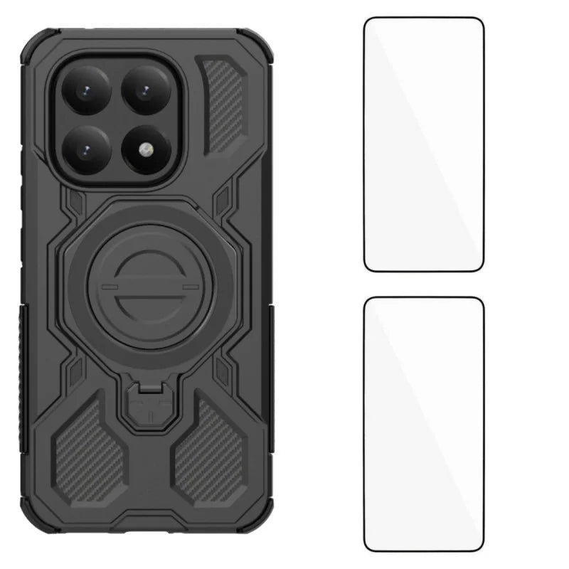 WANLONFENG For Xiaomi 15T Case Kickstand with 2Pcs Screen Film  KJ Series PC TPU Phone Cover (Big Lens Hole) - Black - 1