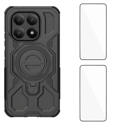 WANLONFENG For Xiaomi 15T Case Kickstand with 2Pcs Screen Film  KJ Series PC TPU Phone Cover (Big Lens Hole) - Black - 1