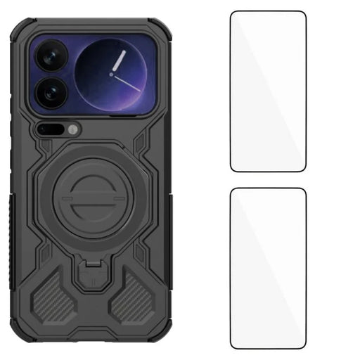WANLONFENG For Xiaomi 17 Pro Max Case Kickstand with 2Pcs Screen Film  KJ Series PC TPU Phone Cover (Big Lens Hole) - Black - 1