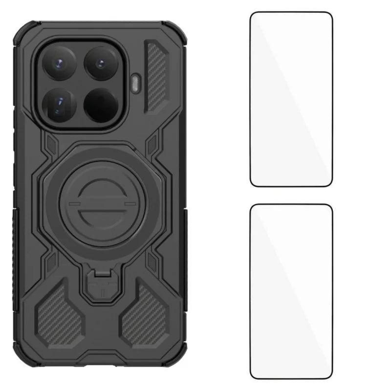 WANLONFENG For Xiaomi 15T Pro Case Kickstand with 2Pcs Screen Film  KJ Series PC TPU Phone Cover (Big Lens Hole) - Black - 1