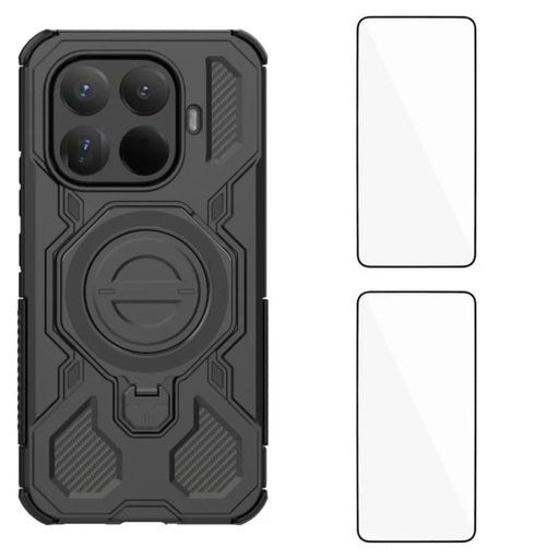 WANLONFENG For Xiaomi 15T Pro Case Kickstand with 2Pcs Screen Film  KJ Series PC TPU Phone Cover (Big Lens Hole) - Black - 1