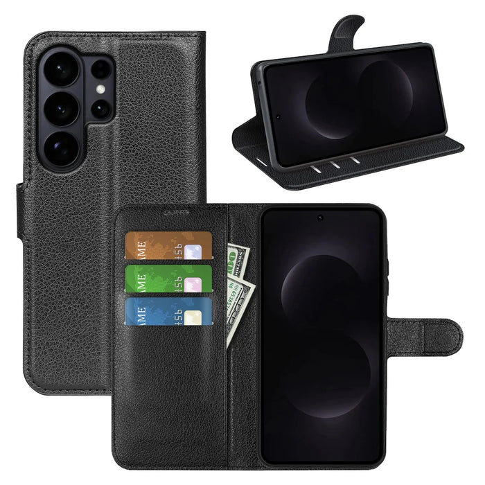 For Samsung Galaxy S26 Ultra Case Litchi Texture Shockproof Leather Wallet Phone Cover - Black - 6