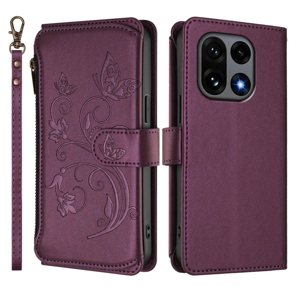 For OnePlus 15 5G Leather Case Butterfly Floral Imprint Zipper Wallet Stand Cover with Wrist Strap - Purple - 2