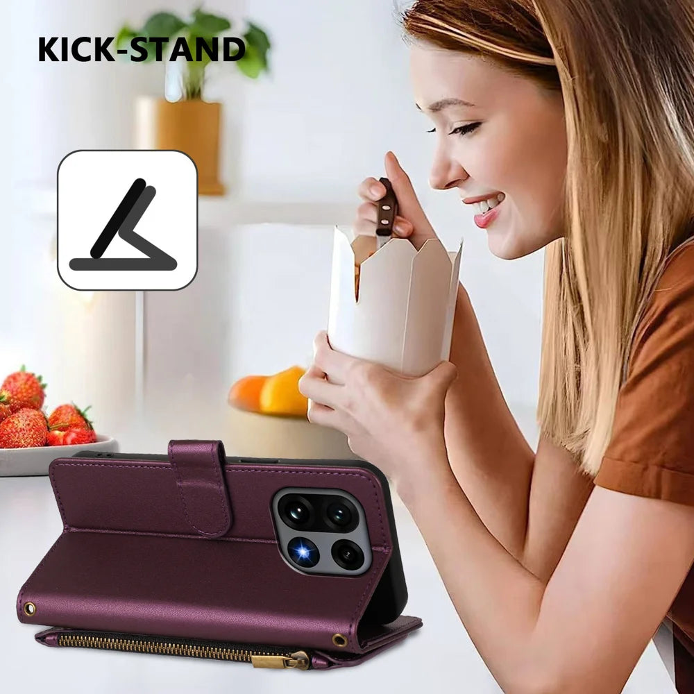 For OnePlus 15 5G Leather Case Butterfly Floral Imprint Zipper Wallet Stand Cover with Wrist Strap - Purple - 3