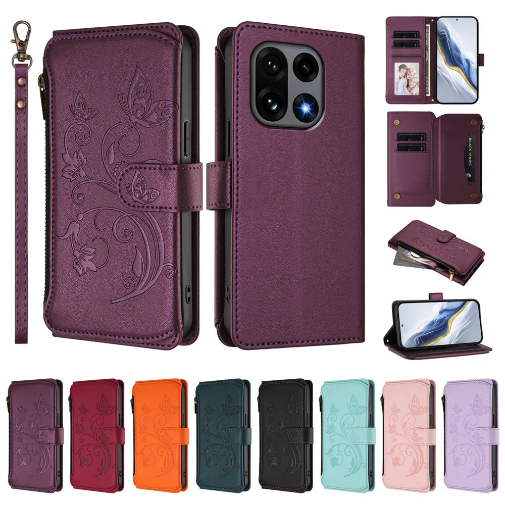 For OnePlus 15 5G Leather Case Butterfly Floral Imprint Zipper Wallet Stand Cover with Wrist Strap - Purple - 4