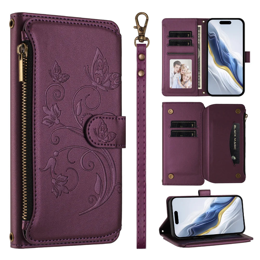 For OnePlus 15 5G Leather Case Butterfly Floral Imprint Zipper Wallet Stand Cover with Wrist Strap - Purple - 5