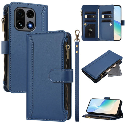 For OnePlus 15 5G Leather Case 9 Card Slots Zipper Wallet Stand Phone Cover with Wrist Strap - Dark Blue - 1